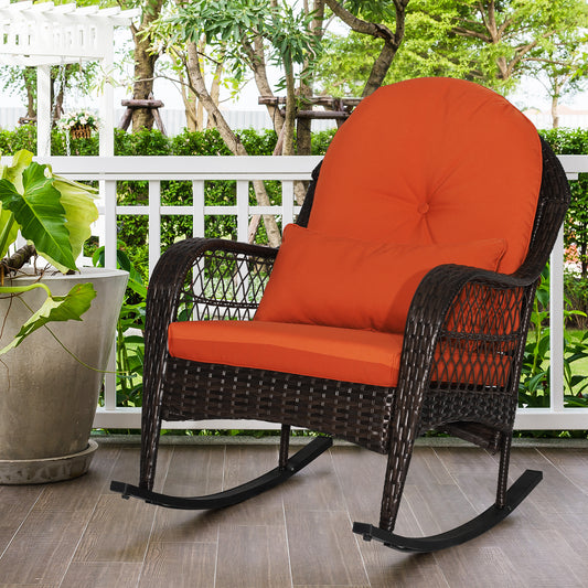 Patio Rattan Rocking Chair, With Seat Back Cushions And Waist Pillow, Orange Patio Rocking Chairs & Gliders Orange at Gallery Canada