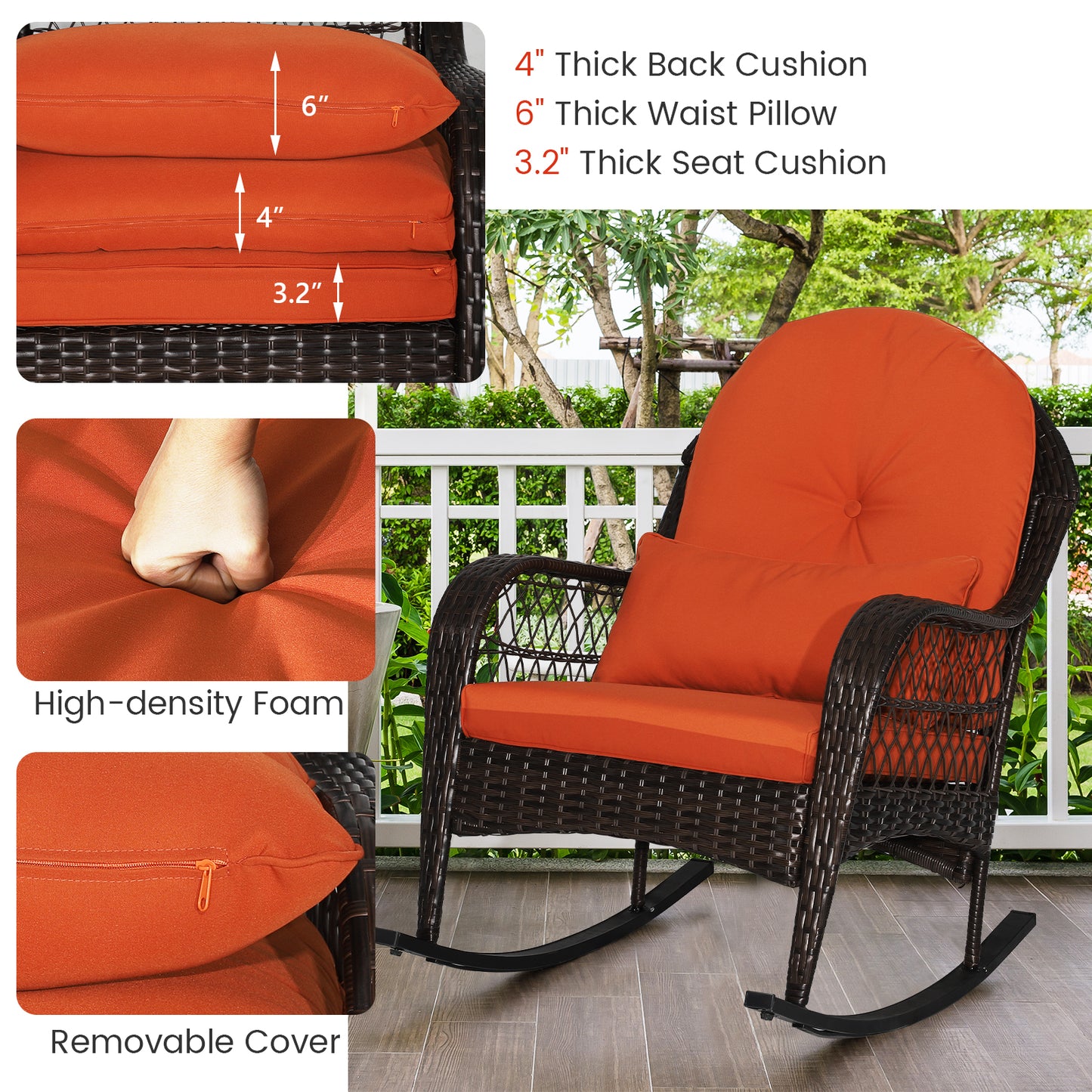 Patio Rattan Rocking Chair, With Seat Back Cushions And Waist Pillow, Orange Patio Rocking Chairs & Gliders at Gallery Canada