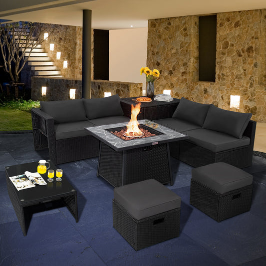 9 Piece Outdoor Wicker Sectional, 35 Inch Gas Fire Pit Table, Gray Outdoor Sectionals Gray at Gallery Canada