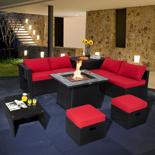9 Piece Outdoor Wicker Sectional, 35 Inch Gas Fire Pit Table, Red Outdoor Sectionals Red at Gallery Canada
