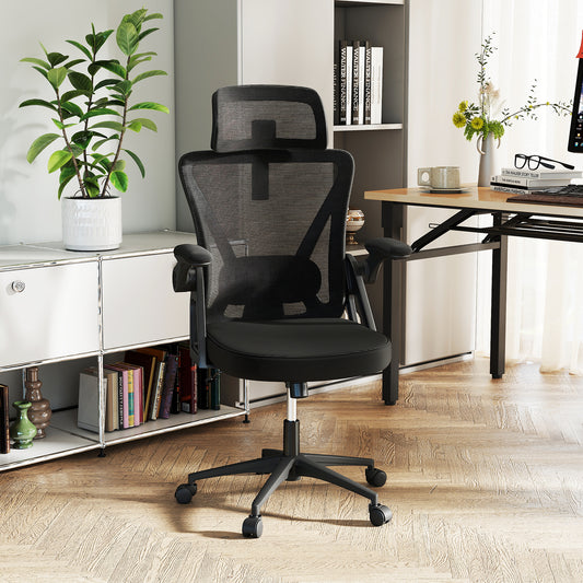 Ergonomic Mesh Office Chair, Adjustable Lumbar Support, Flip-Up Armrests, Black Ergonomic Chairs Black at Gallery Canada