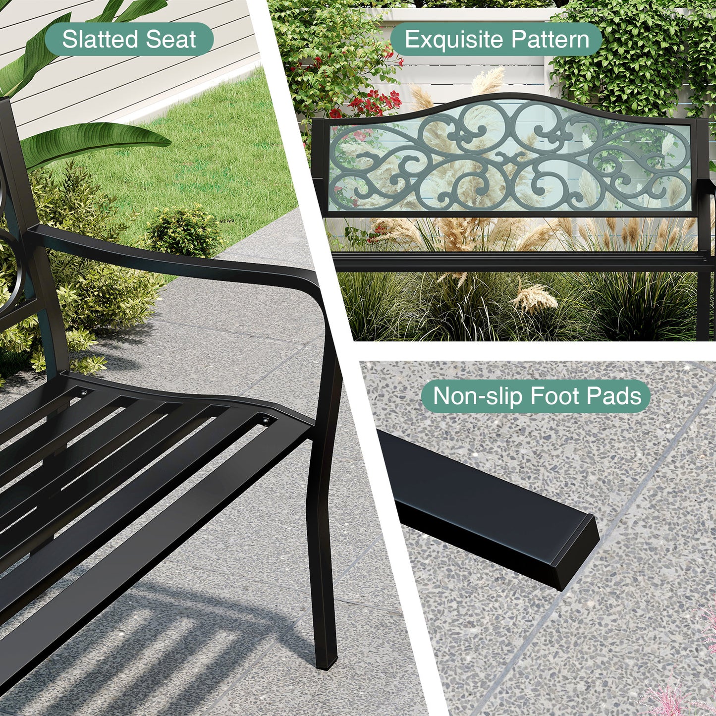 50 Inches Outdoor Cast Iron Metal Patio Bench, Floral Design Backrest, Black Outdoor Benches at Gallery Canada