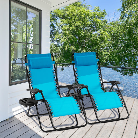 Outdoor Folding Zero Gravity Reclining Lounge Chair with Utility Tray, Light Blue