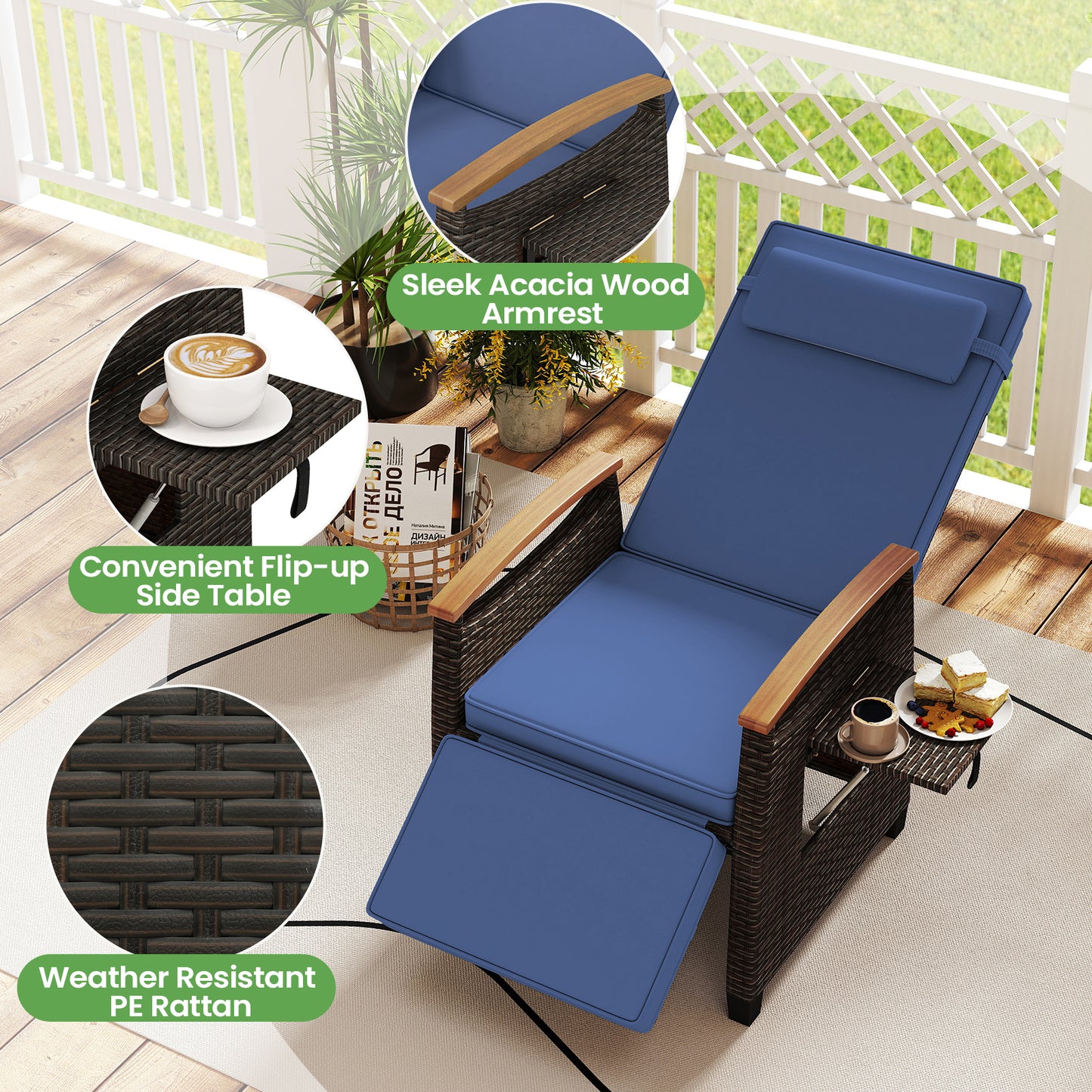 Chaise relaxante en rotin pour patio, dossier réglable, bleu marine