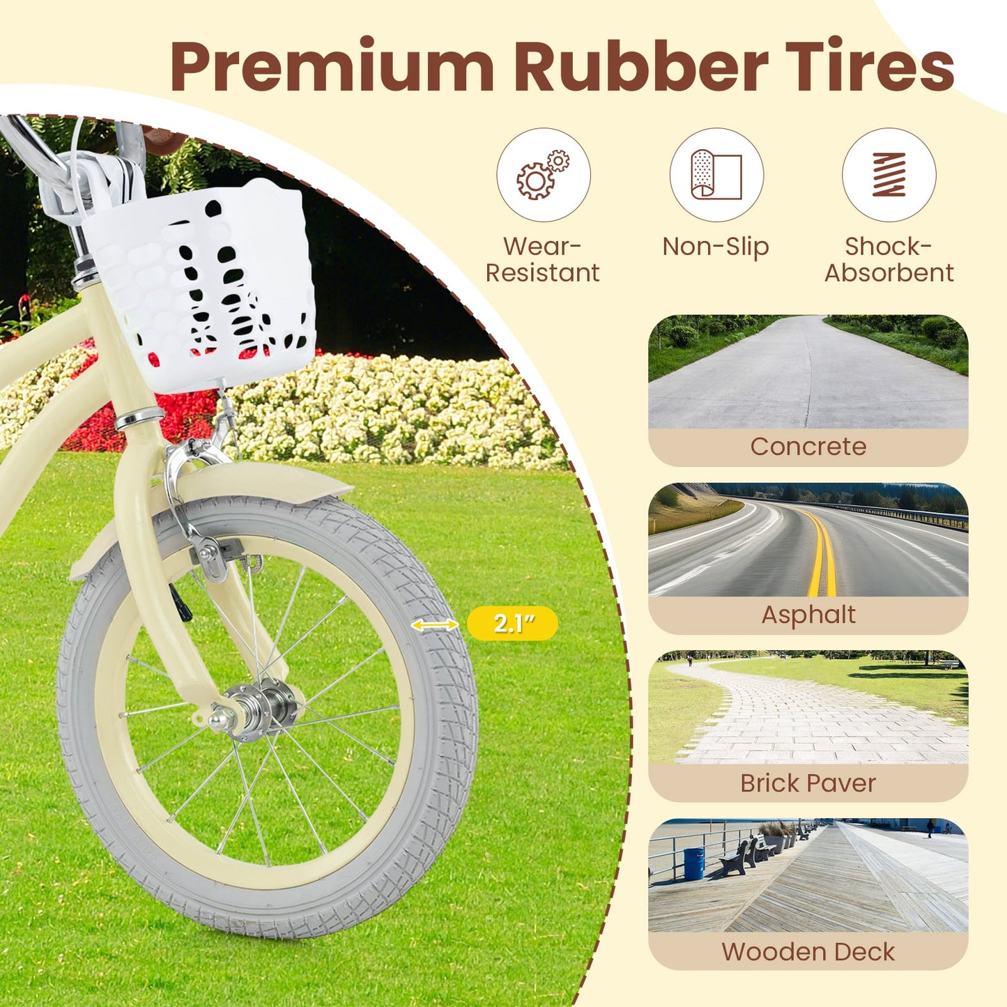 Vélo Enfant 14 Pouces Avec Roues Stabilisatrices, Réglable, 3-8 Ans, Beige