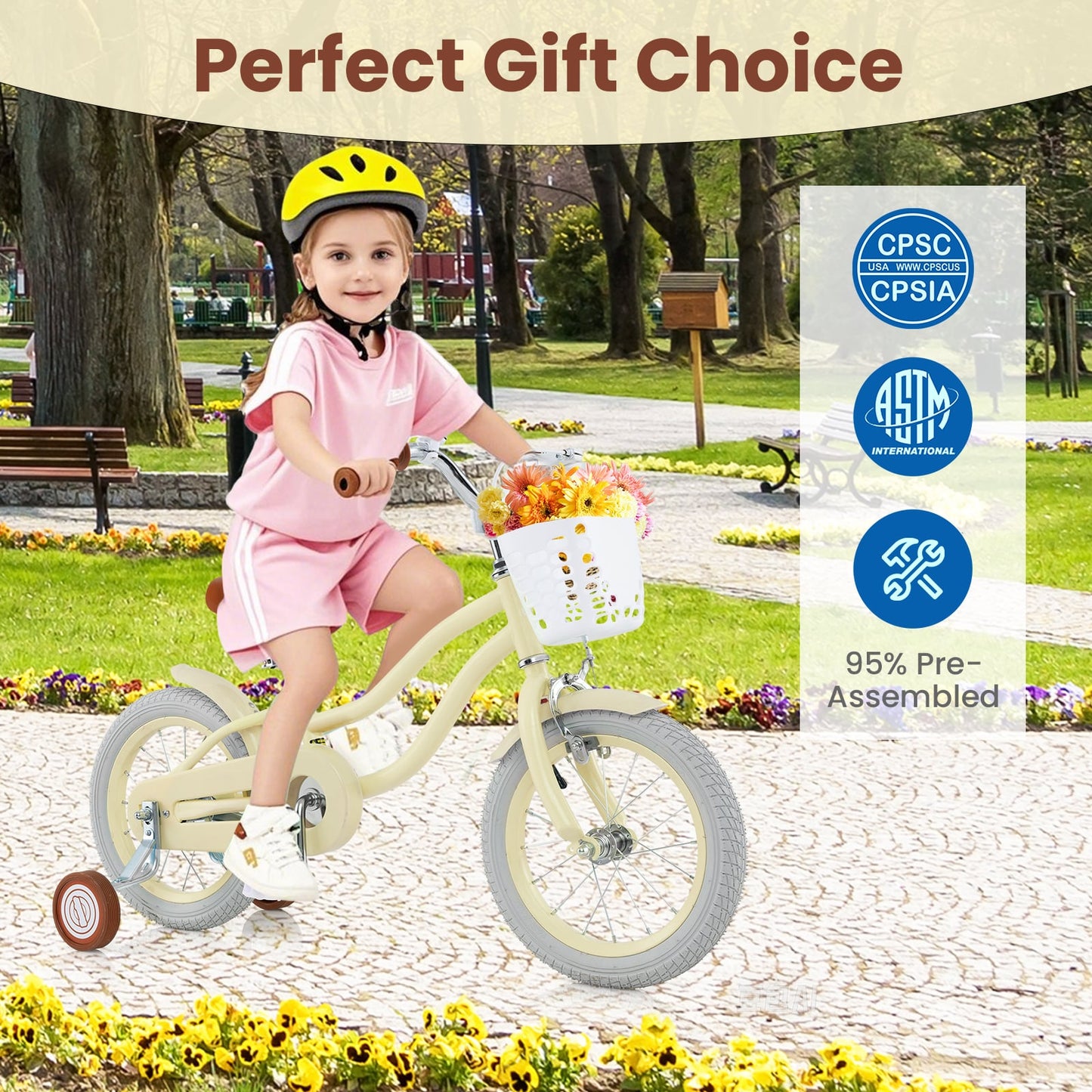 Vélo pour enfants 14/16/18 pouces, réglable, roues stabilisatrices, âges 3-8 ans, 16 pouces, beige