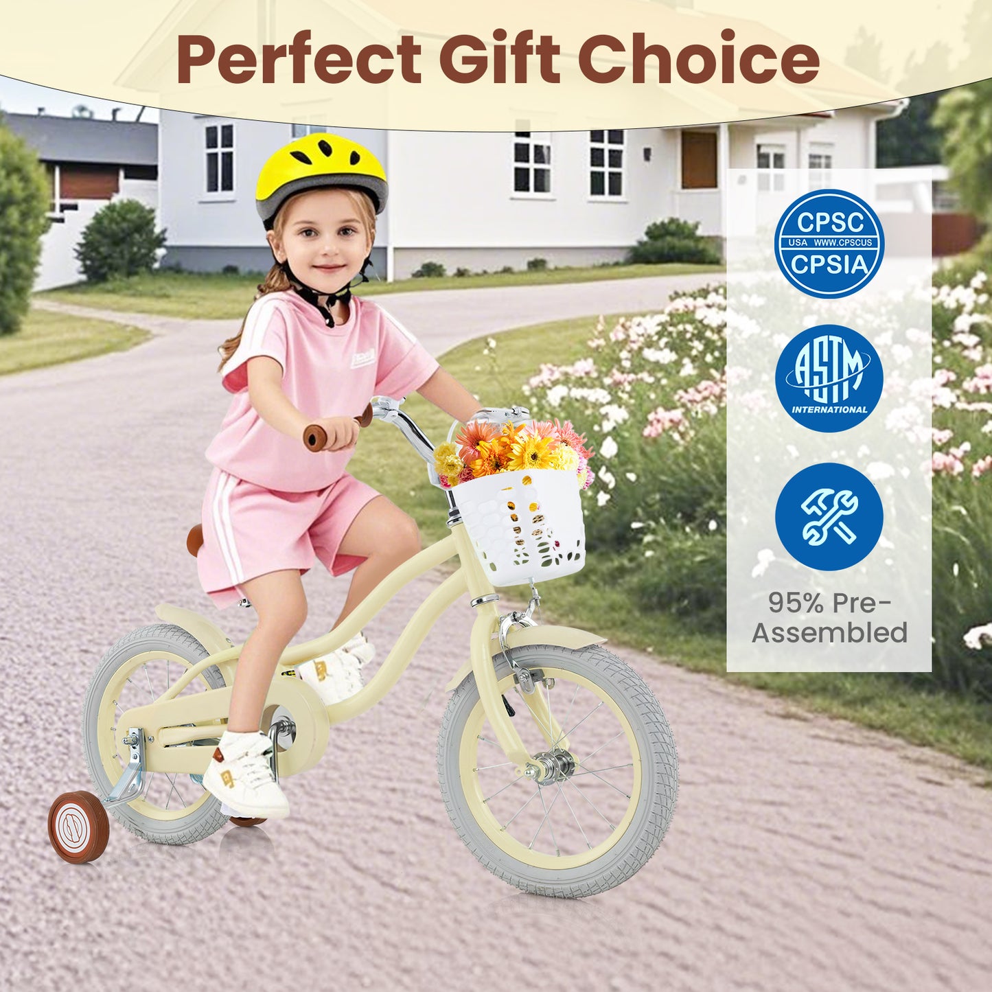 Kids Bike, 18 Inches, Adjustable With Training Wheels, Beige Kids Bike at Gallery Canada