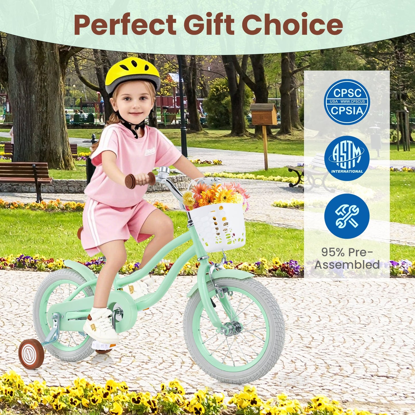 Vélo pour enfants de 16 pouces, siège réglable, sonnette, pour 3-8 ans, vert