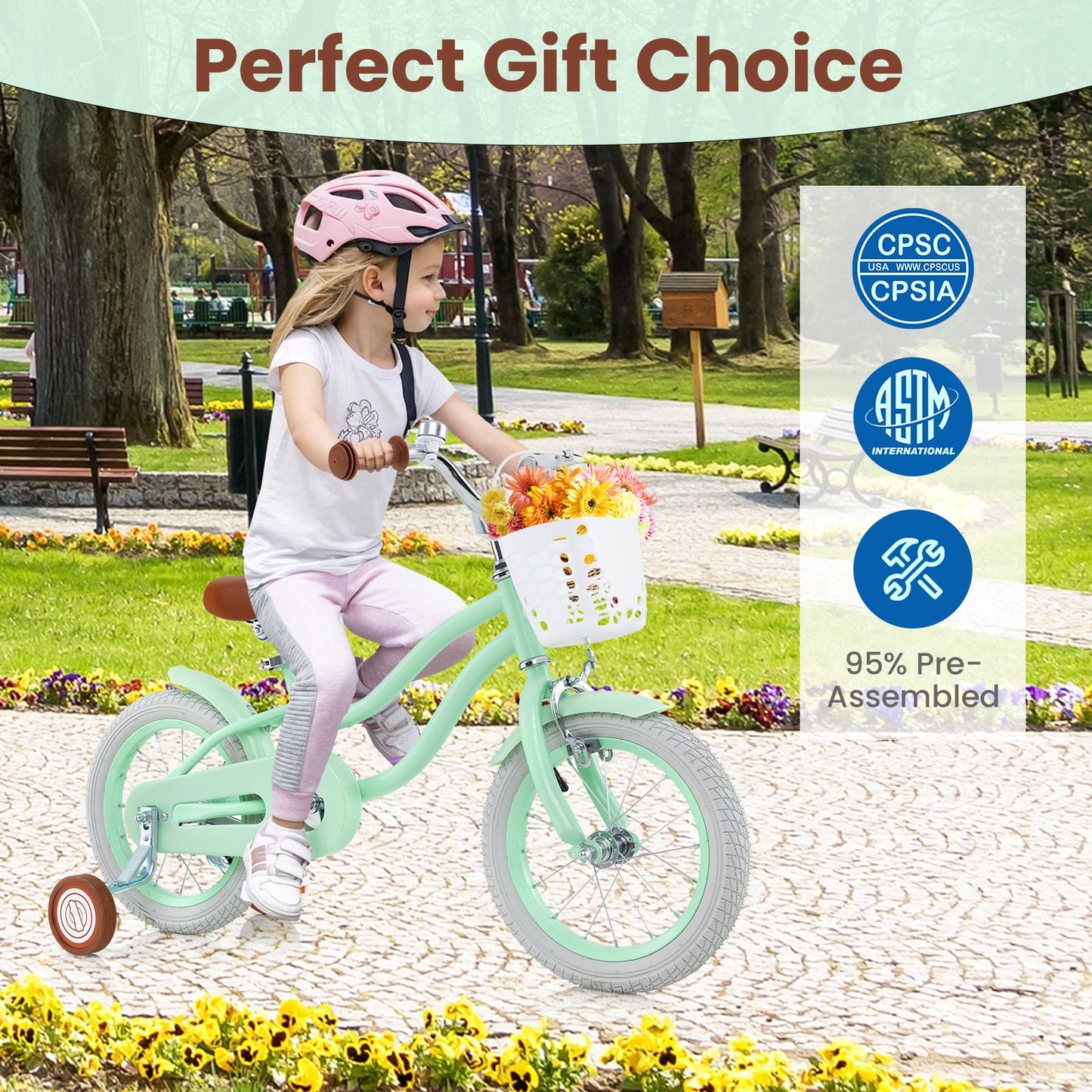 Vélo pour enfants de 14 pouces, siège réglable, sonnette, 3-8 ans, vert