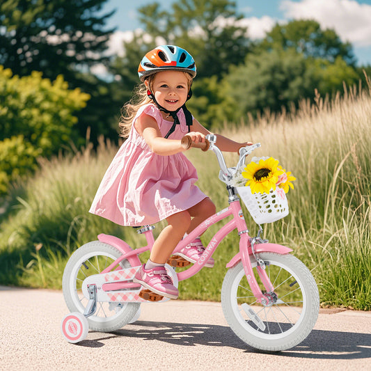 14 Inch Kids Bike With Training Wheels, Basket, Peach Kids Bike Peach at Gallery Canada