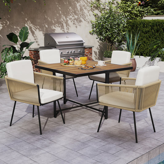 5 Piece Patio Dining Set, Acacia Wood Tabletop, Off White