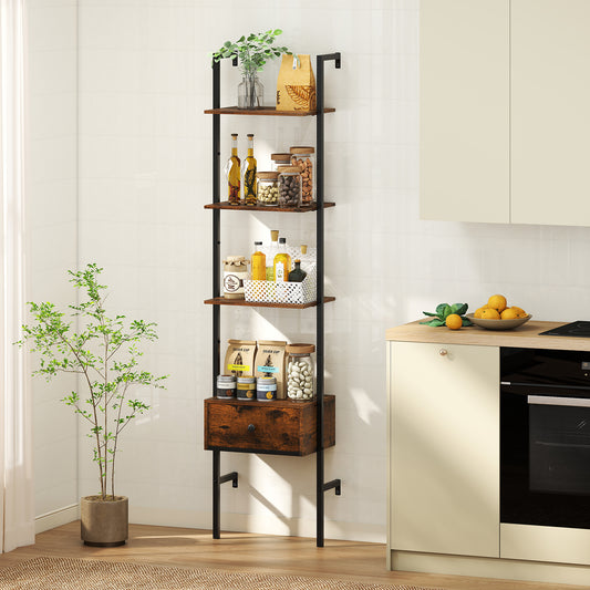 5-Tier Ladder Bookcase With Drawer, Metal Frame, Rustic Brown Bookcases Rustic Brown at Gallery Canada