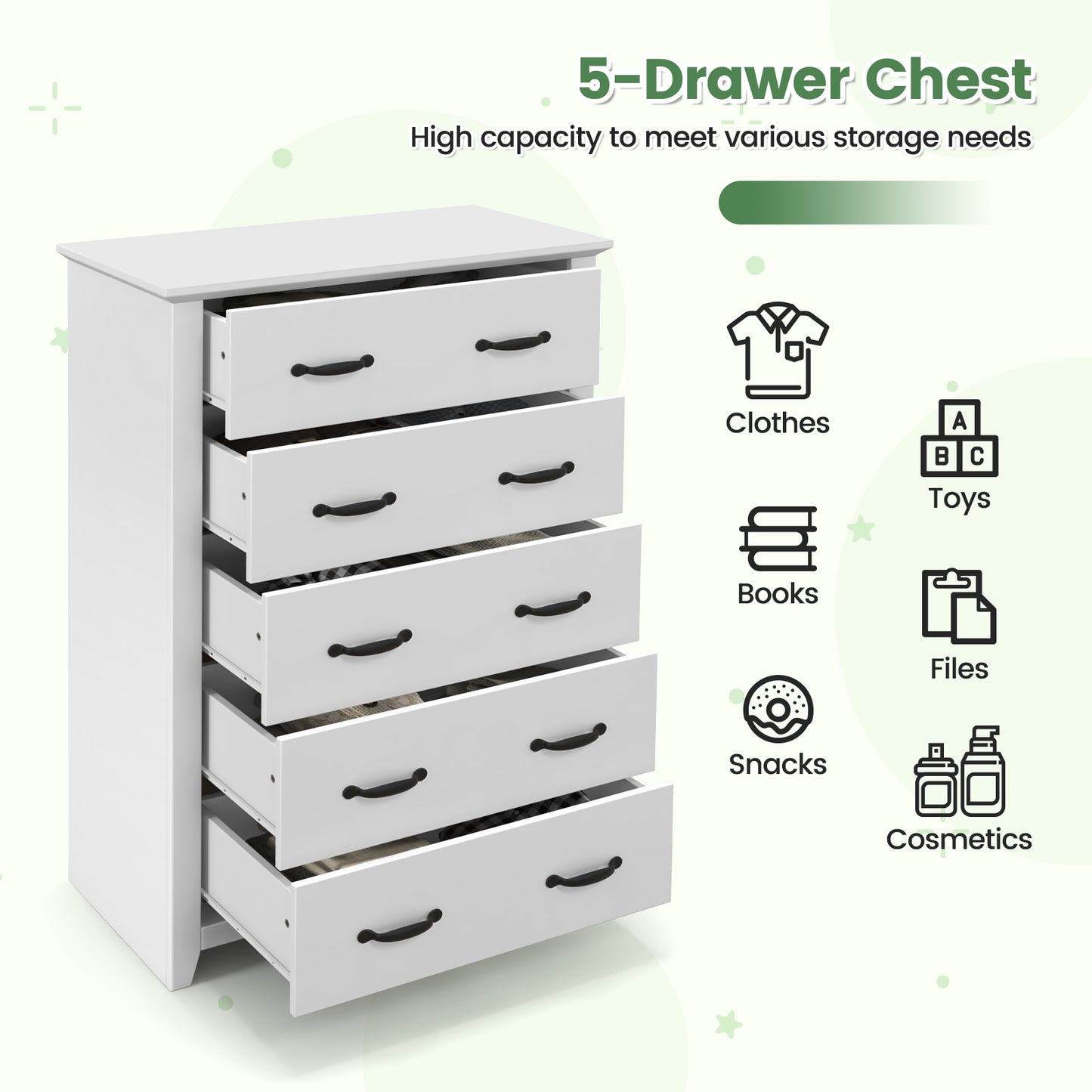 Tall Storage Dresser with 5 Pull-out Drawers for Bedroom Living Room, White Dressers & Chests at Gallery Canada