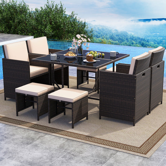 9 Piece Patio Dining Set, Tempered Glass Table, Ottoman, Beige