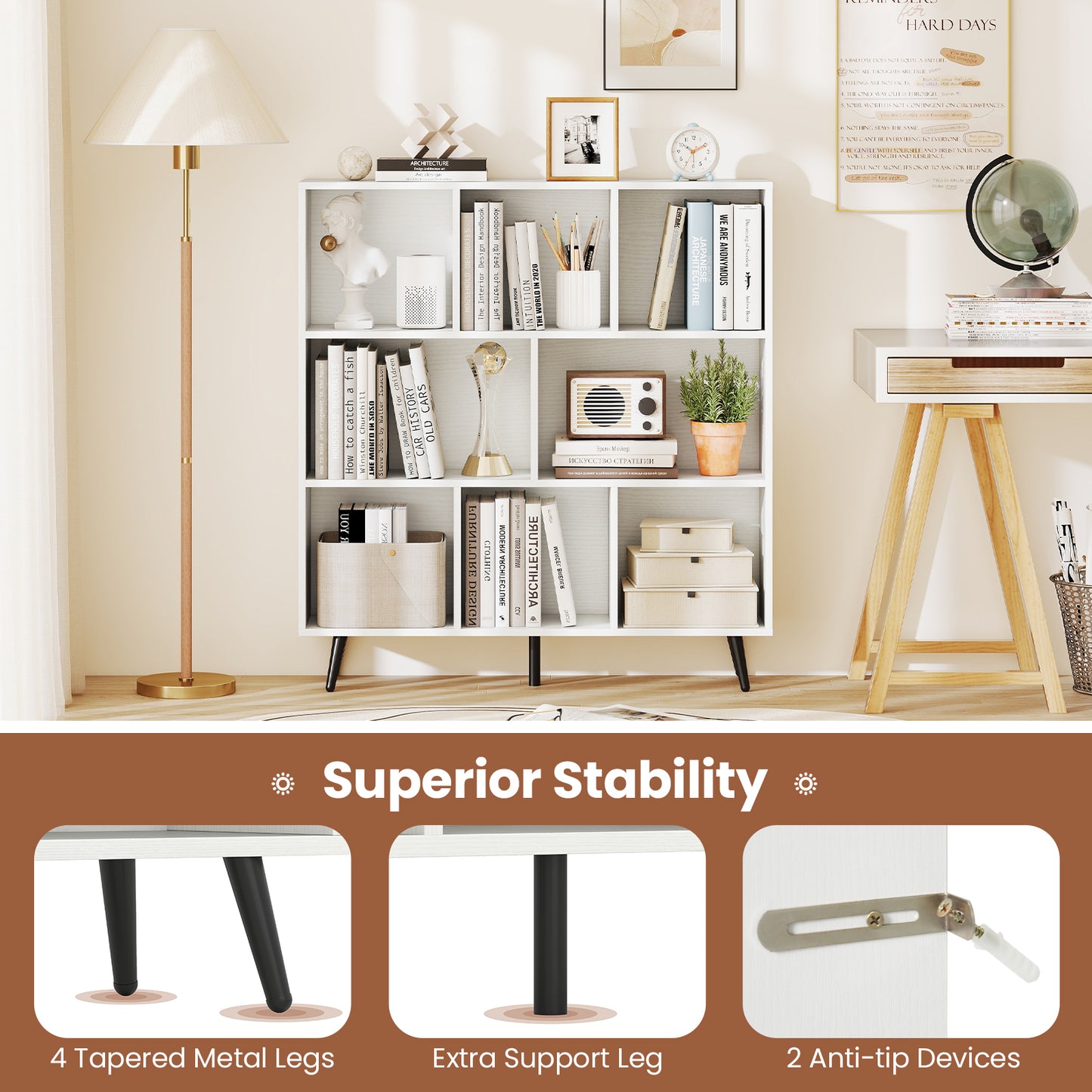 8-Cube Bookcase, 5 Tapered Metal Legs, White Bookcases at Gallery Canada