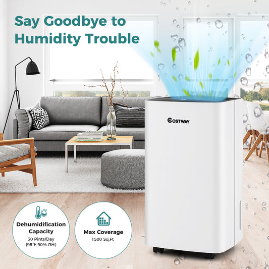 30 Pints Portable Dehumidifier, 1500 Sq. ft, White Dehumidifiers White at Gallery Canada
