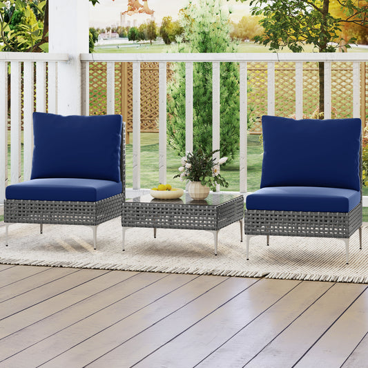 3 Pieces PE Rattan Conversation Chairs with Tempered Glass Coffee Table for Garden Porch, Navy Patio Conversation Sets Navy at Gallery Canada