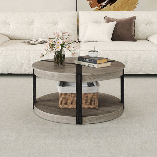 34.5" Rubber Wood Round Center Table, 2-Tier Storage Shelf, Gray Coffee Tables Gray at Gallery Canada