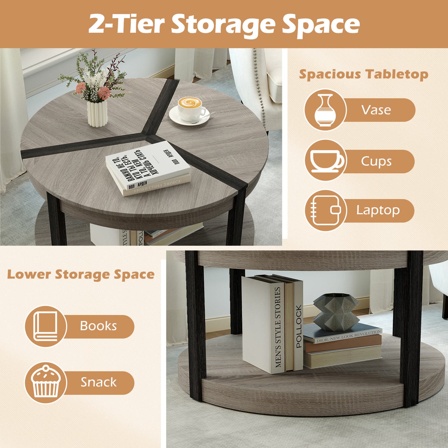 34.5" Rubber Wood Round Center Table, 2-Tier Storage Shelf, Gray Coffee Tables at Gallery Canada