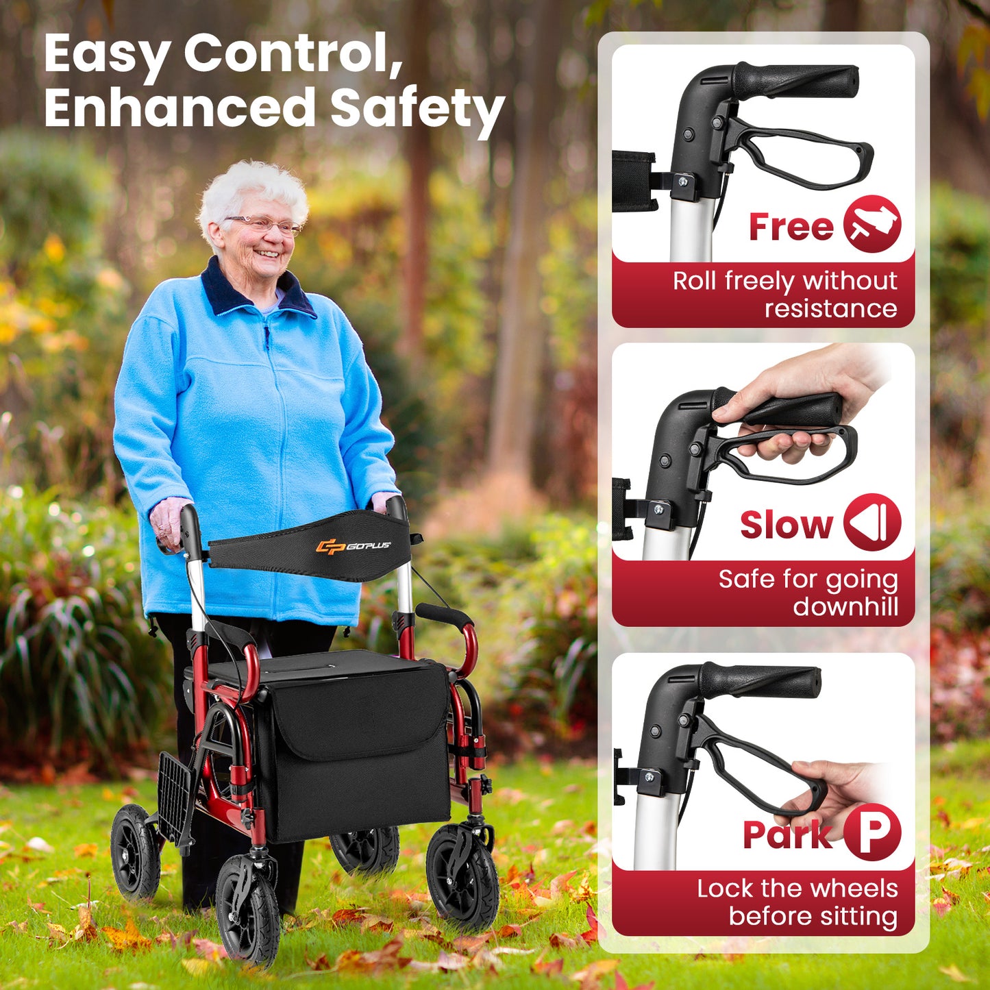 2-in-1 Foldable Rollator Walker with Seat abd 9 Inch Pneumatic Tires for Seniors, Red Walkers & Rollators at Gallery Canada