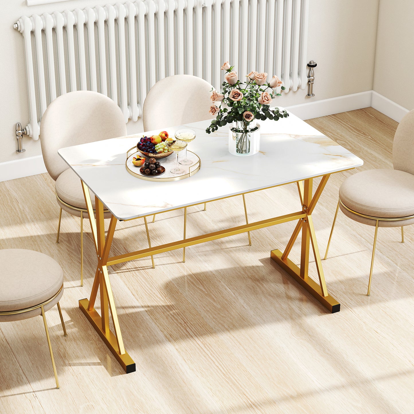 44 Inches Sintered Stone Dining Table, Metal Frame, Faux Marble Tabletop, White Dining Tables at Gallery Canada