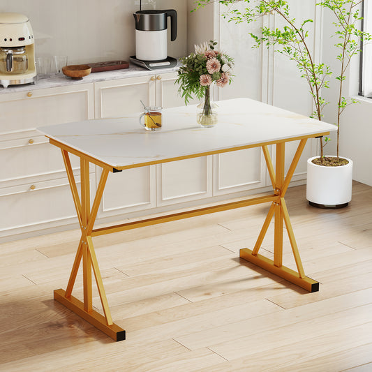 44 Inches Sintered Stone Dining Table, Metal Frame, Faux Marble Tabletop, White Dining Tables White at Gallery Canada