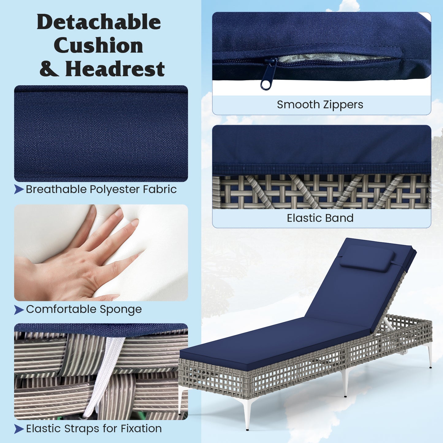 Patio Chaise Lounge Chair with 6-Level Adjustable Backrest and Headrest for Poolside, Navy Outdoor Chaise Lounges at Gallery Canada