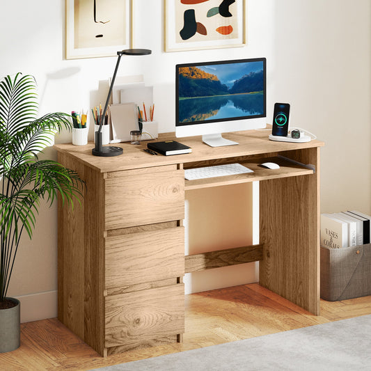 Computer Desk With Power Outlet, Keyboard Tray, 3 Large Drawers, Natural