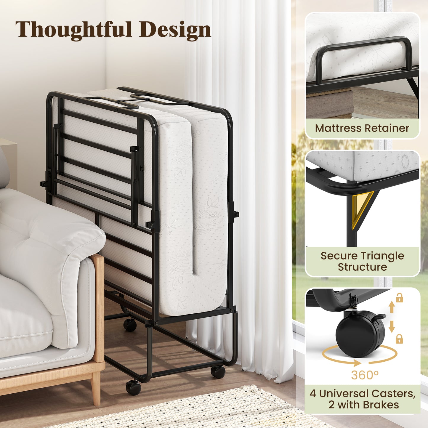 75 x 38 Inch Twin Size Folding Bed With Mattress, Rolling Guest Bed Folding Beds at Gallery Canada