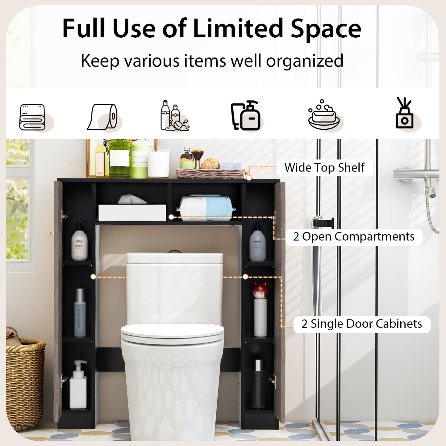 Over Toilet Storage Cabinet, 2 Open Compartments, 4 Adjustable Shelves, Black Bathroom Etagere at Gallery Canada