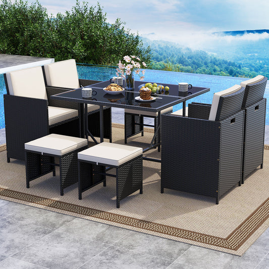 9 Piece Patio Dining Set, Tempered Glass Table, Ottoman, White Patio Conversation Sets White at Gallery Canada