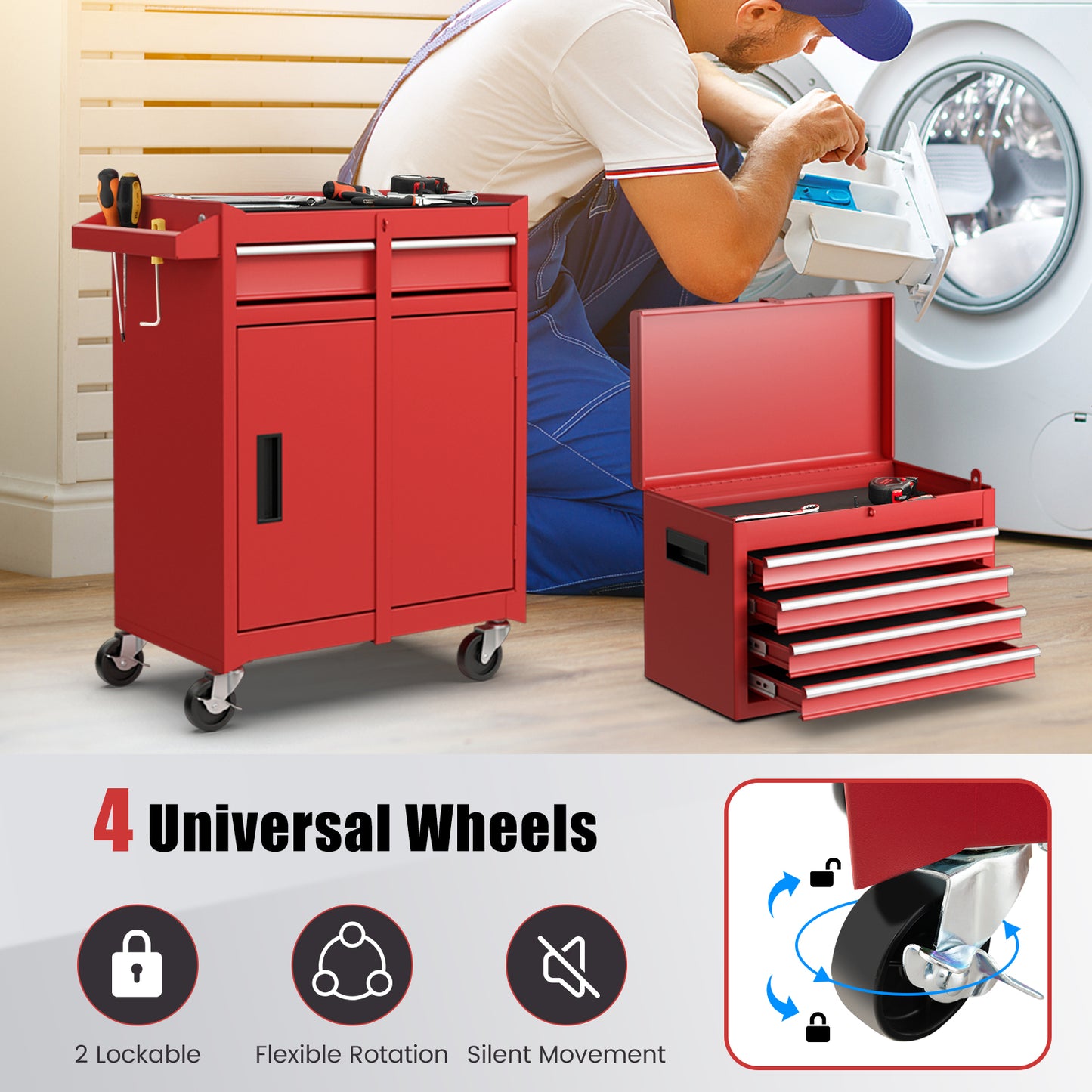 2-in-1 Tool Chest Cabinet, 5 Sliding Drawers, Red