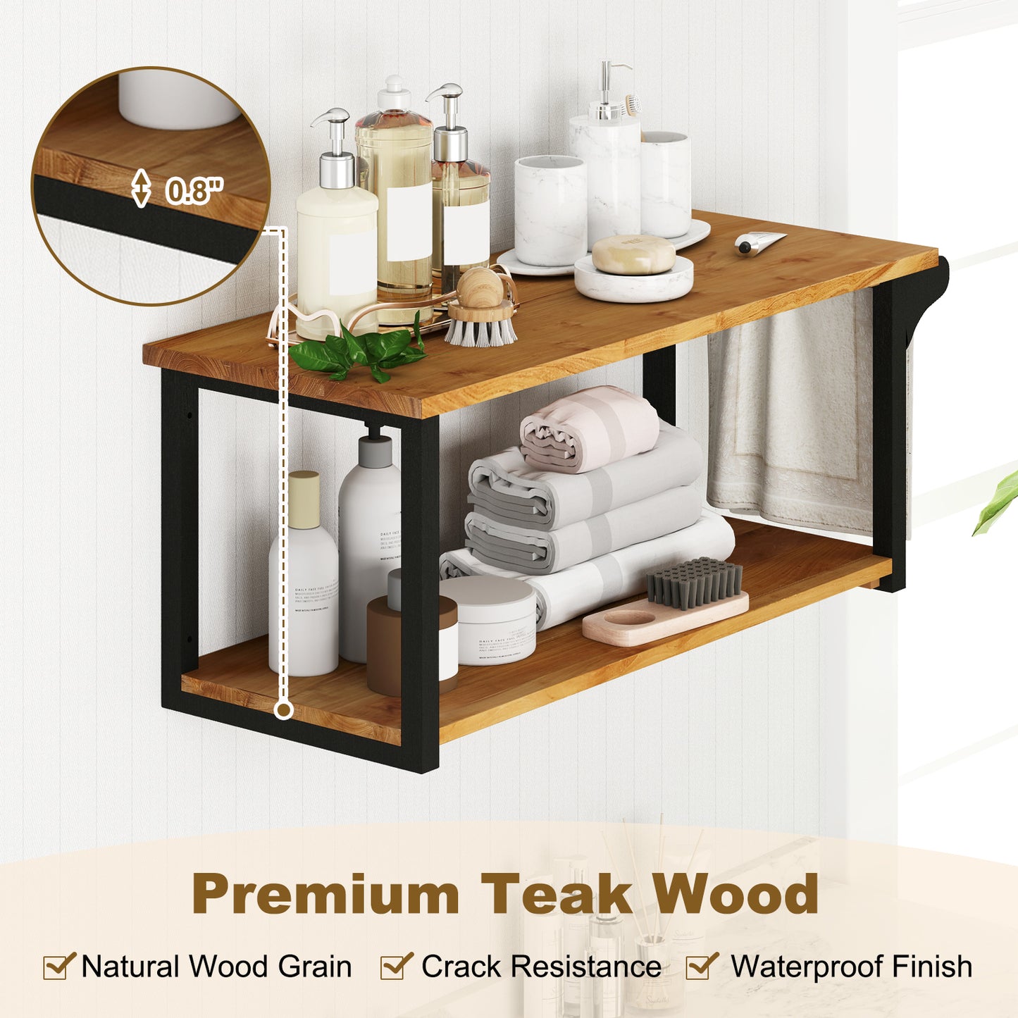 Teak Wood Wall Mounted Floating Shelves With Towel Bar, Natural Wall Cabinets at Gallery Canada