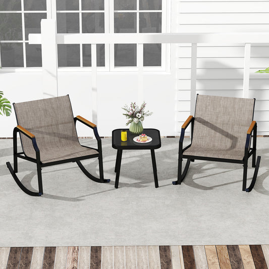 3 Piece Patio Rocking Bistro Set, Tempered Glass Coffee Table, Brown Patio Conversation Sets Brown at Gallery Canada