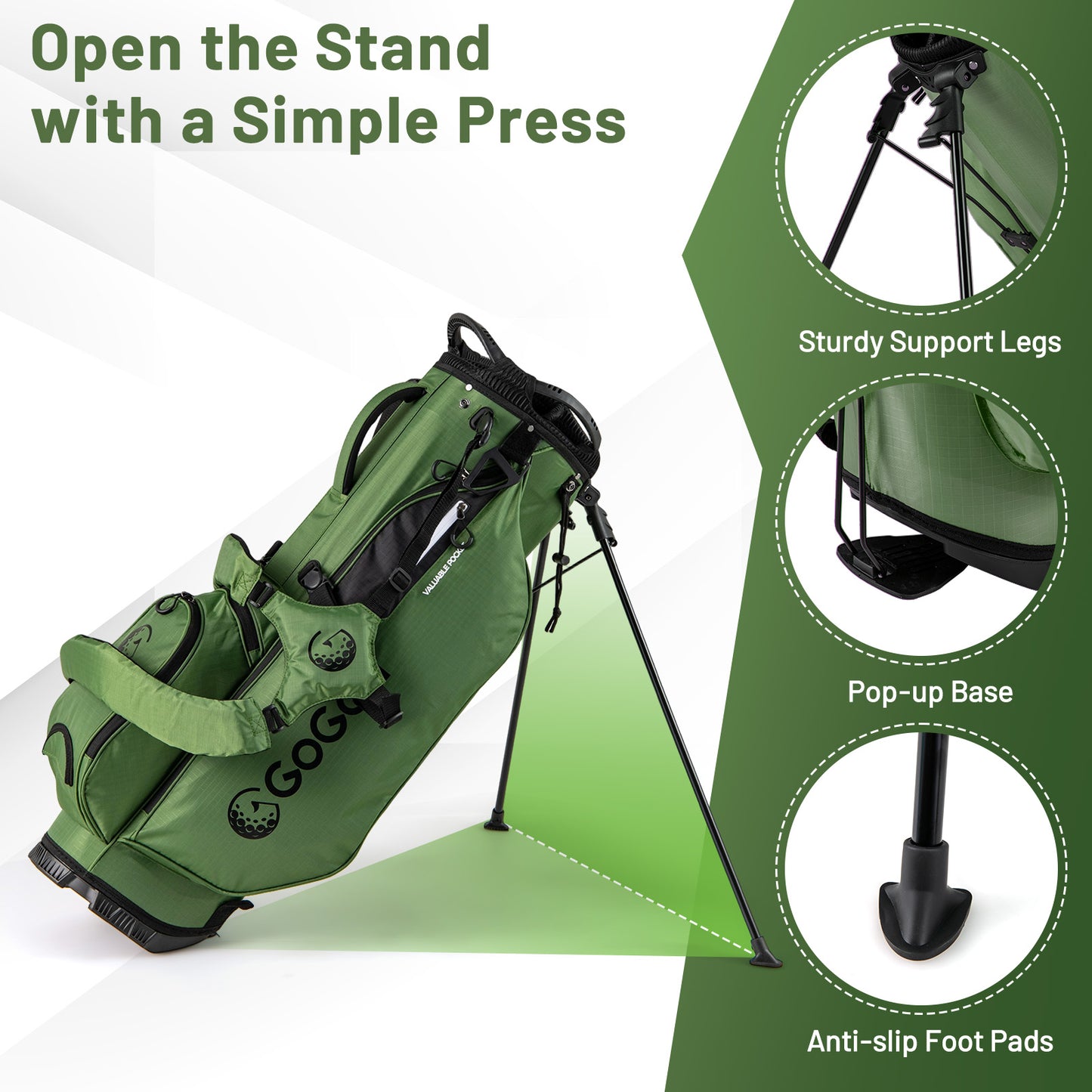 Golf Stand Bag, 8 Way Top Dividers, 5 Zippered Pockets, Green Golf at Gallery Canada