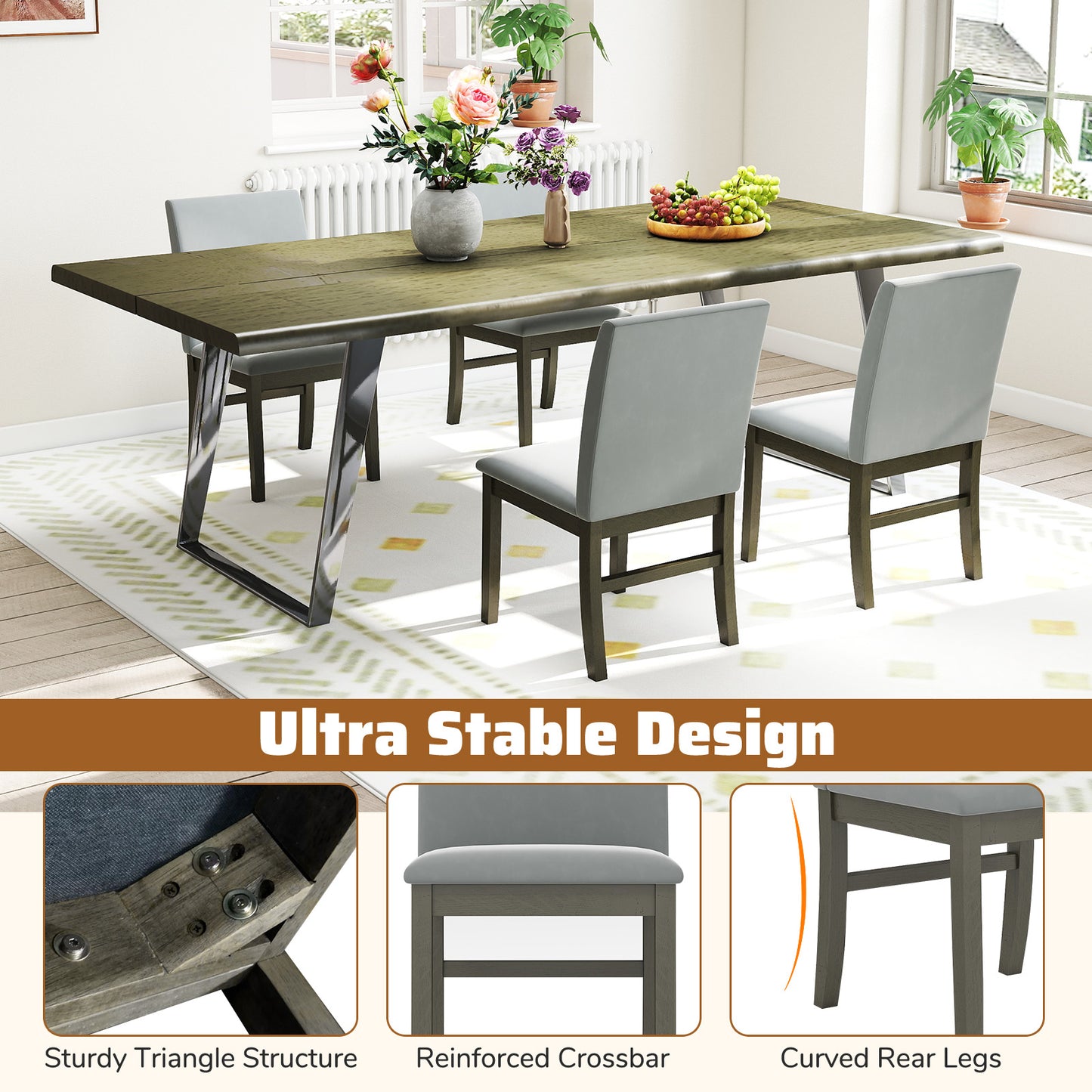 Upholstered Dining Chairs, Set Of 2, Rubber Wood Legs, High Back, Gray