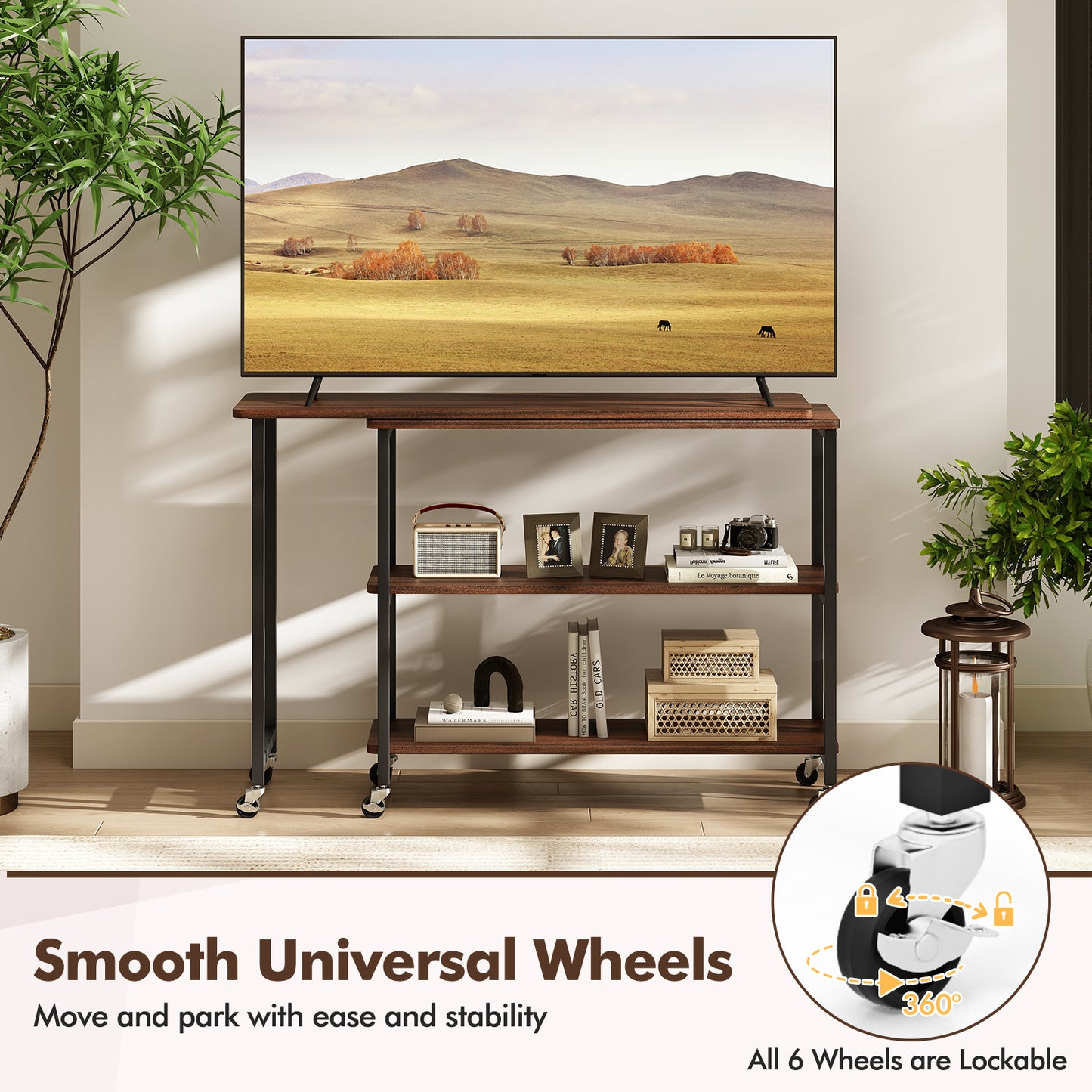 Large 360-Degree Rotating Sofa Side Table With Wheels, Storage Shelf, Walnut End & Side Tables at Gallery Canada