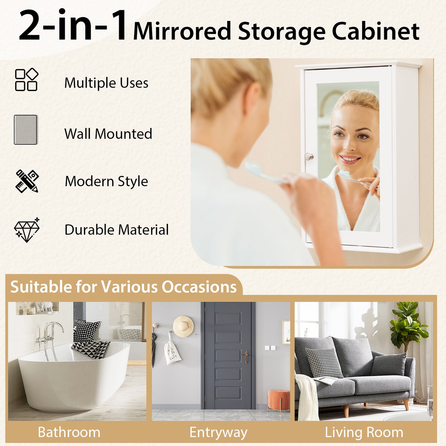 Bathroom Wall Cabinet, Single Mirror Door, White Wall Cabinets at Gallery Canada