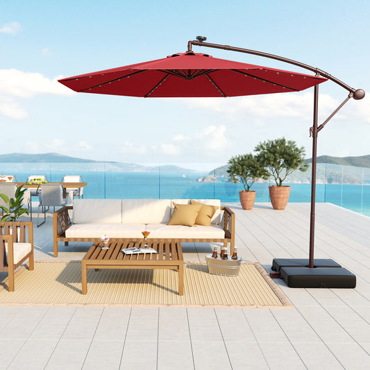 10 Ft Offset Cantilever Patio Umbrella, 40 Solar Lights, Red Outdoor Umbrellas Red at Gallery Canada