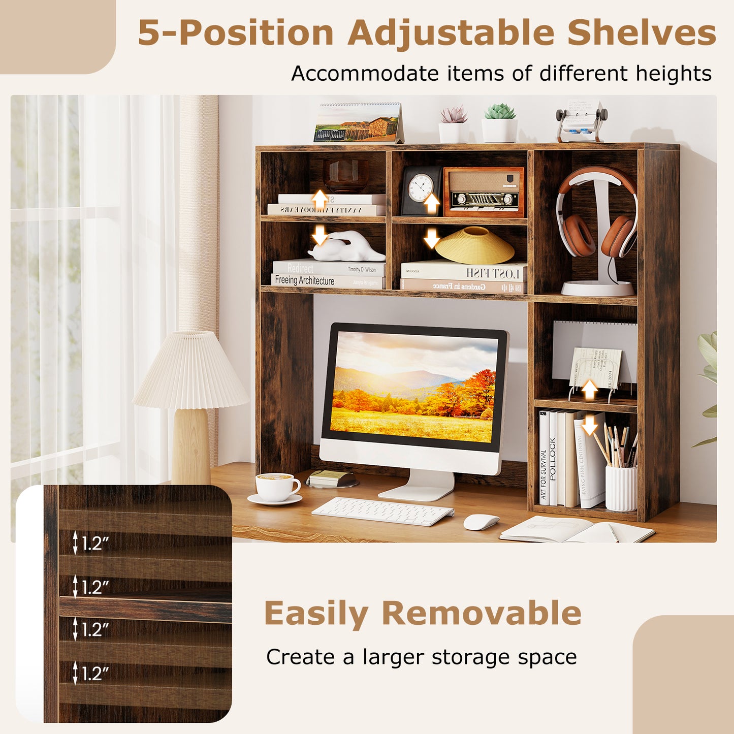 Desktop Bookshelf, 7 Open Cubbies, 3 Adjustable Shelves, Brown Bookcases at Gallery Canada