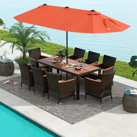 11 Piece Patio Dining Set, 15 Ft Double Sided Umbrella With Base, Orange Patio Dining Sets Orange at Gallery Canada