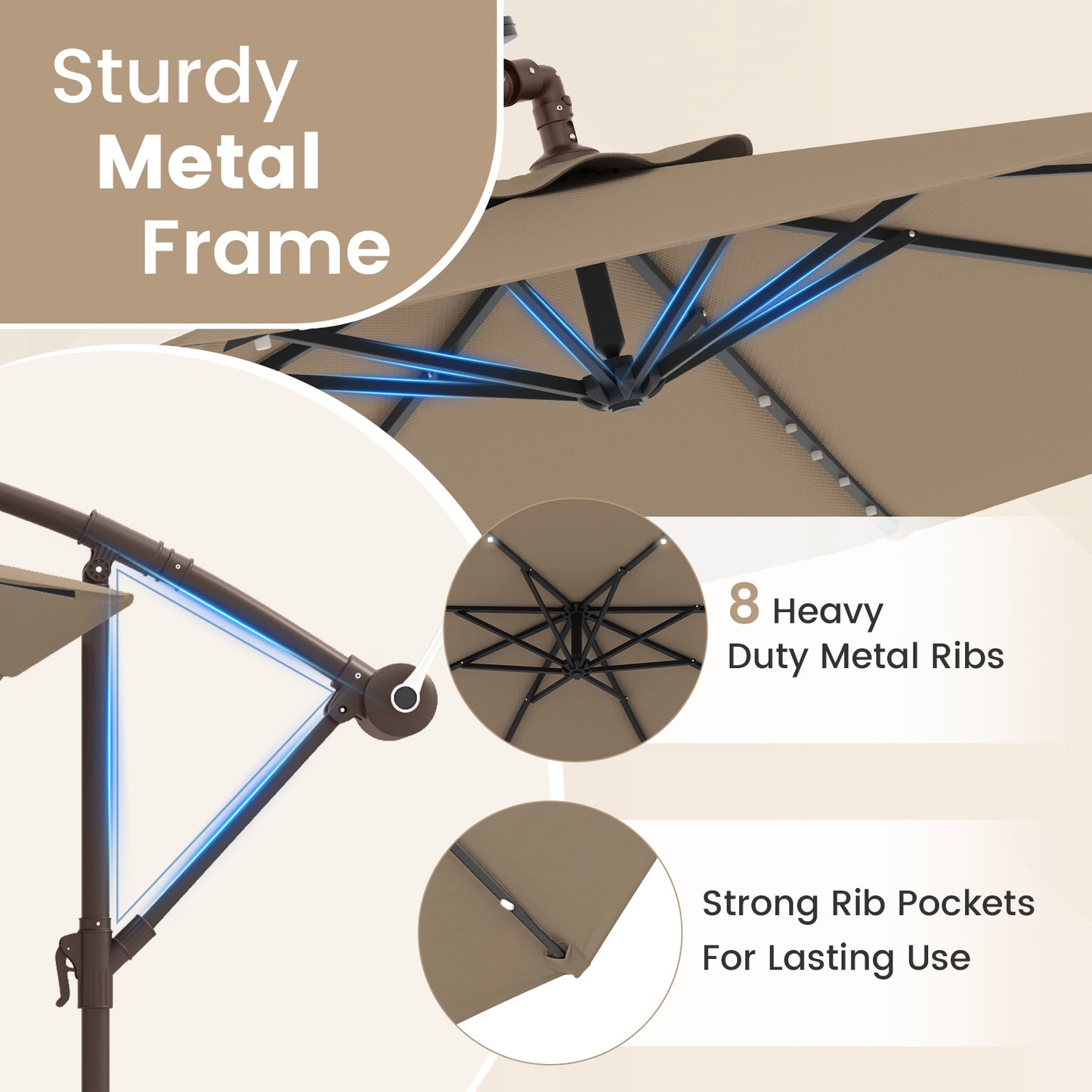 10 Feet Cantilever Umbrella, 32 LED Lights, Solar Panel, Tan Outdoor Umbrellas at Gallery Canada