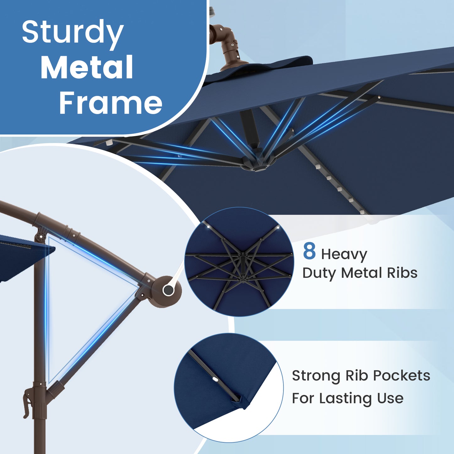 10 Feet Cantilever Umbrella, 32 LED Lights, Solar Panel Batteries, Navy Outdoor Umbrellas at Gallery Canada