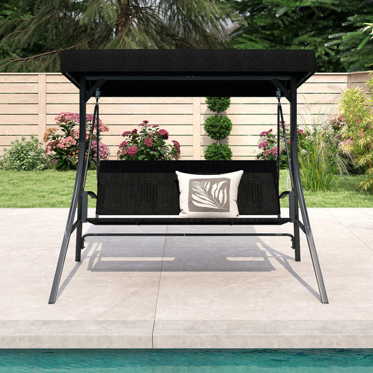 3-Person Porch Swing With Stand, Outdoor Canopy, Rattan Seat Back, Black Porch Swings Black at Gallery Canada