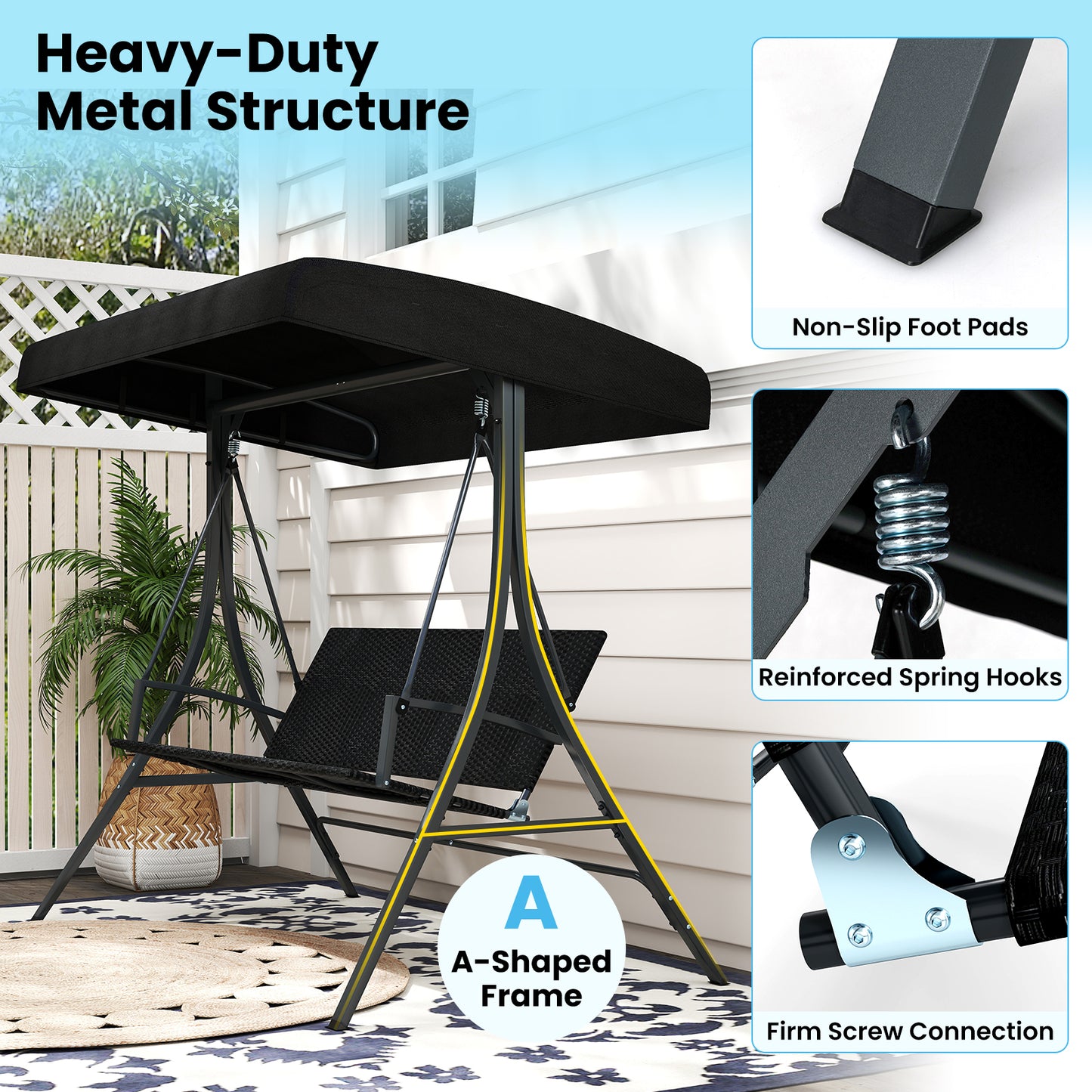 3-Person Porch Swing With Stand, Outdoor Canopy, Rattan Seat Back, Black Porch Swings at Gallery Canada