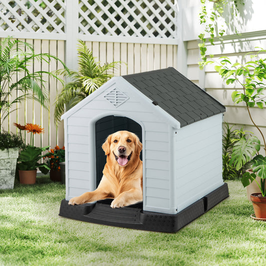 Maison pour Chien en Plastique Imperméable, Plancher Surélevé, Taille Moyenne, Gris