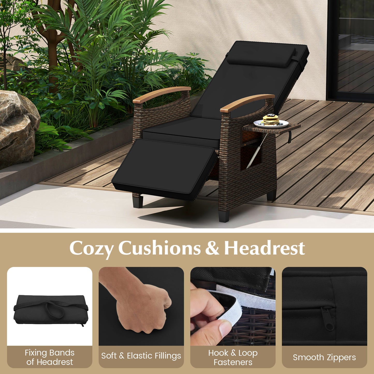 Patio Wicker Recliner Chair, Adjustable Backrest And Footrest, Black