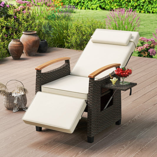 Patio Wicker Recliner Chair, Adjustable Backrest And Footrest, White