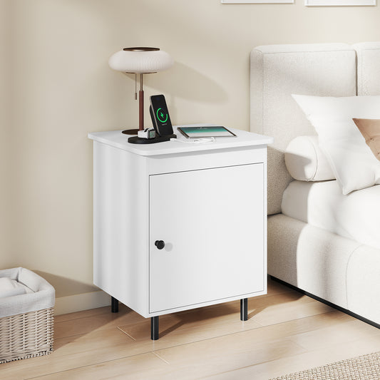 Mid Century Nightstand With Door, 1 Piece, White Nightstands White at Gallery Canada