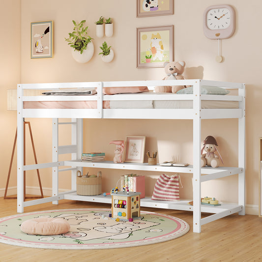 Twin Size Loft Bed With Storage Shelves, White